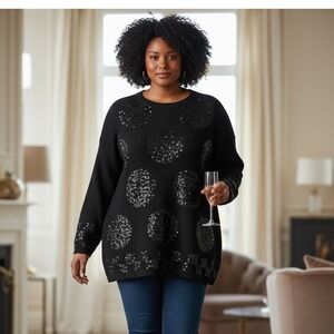 Vintage Fenn Wright Manson Black Sequin‎ Polka Dot Knit Sweater Party Designer L